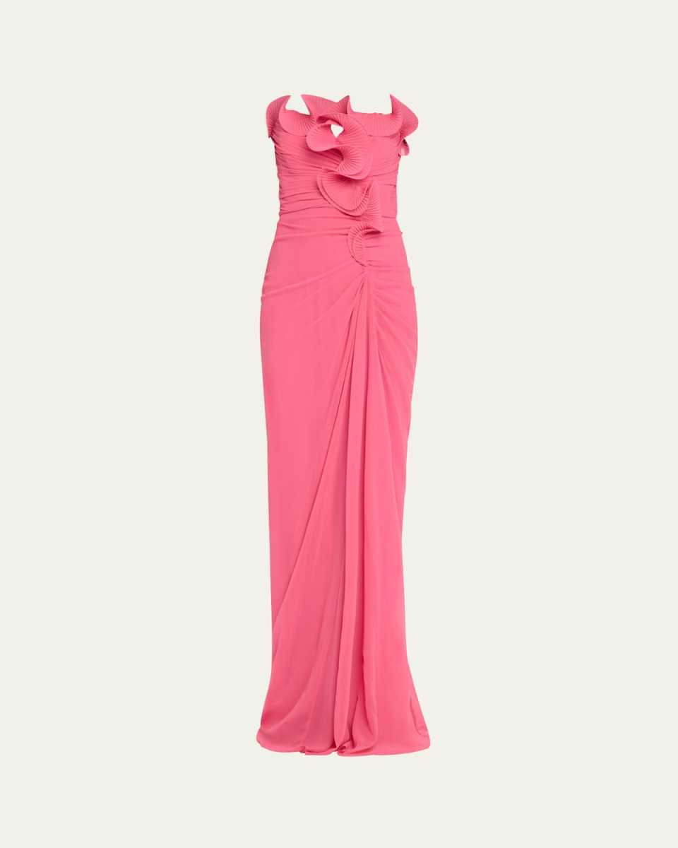Strapless Ruched Ruffle Gown